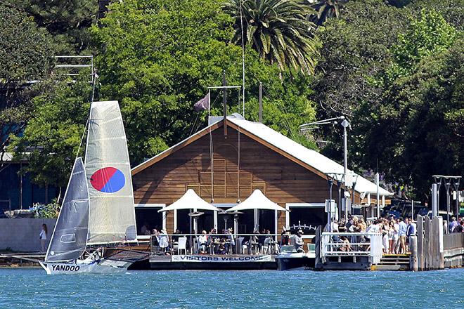 Yandoo in front of the League's clubhouse was the first skiff to leave the rigging area © Frank Quealey /Australian 18 Footers League http://www.18footers.com.au
